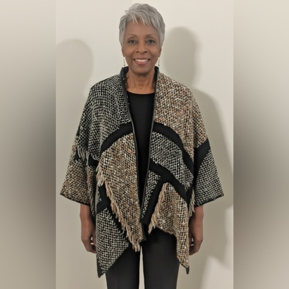 CHICO'S Open 3/4 Sleeve Fringe Patchwork Cardigan Faux Leather Trim Sz 0 or S - Picture 1 of 8